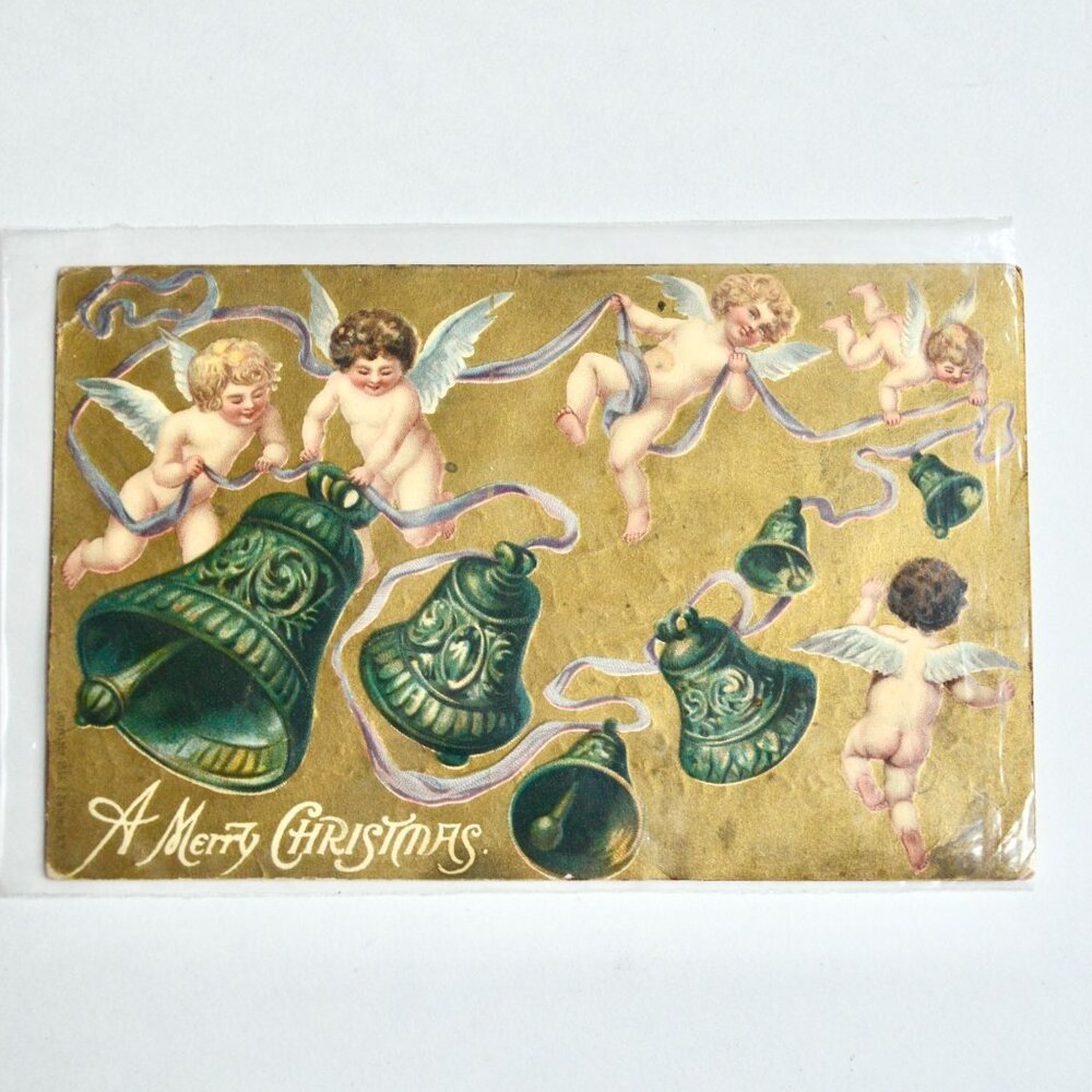 Vintage Christmas Postcard 1908 Gold Cherubs Angels Used